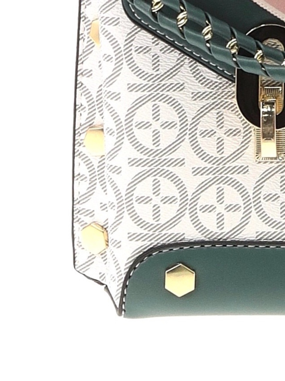 FASHION BAG ~ Green, Off White Pink Patterned Crossbody Bag w/Gold Chain Handle - Picture 9 of 14